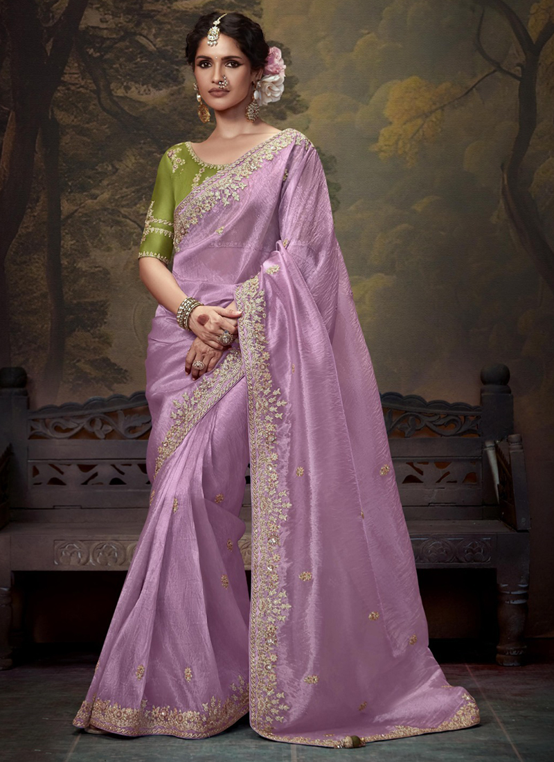 Buy Fancy Lilac Party Wear Embroidery Work Saree Online From Wholesale Salwar